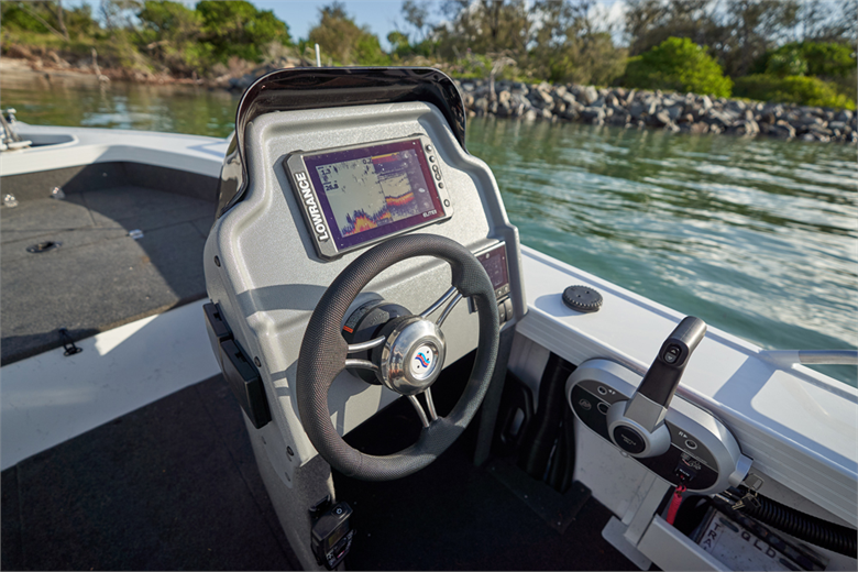Sleek Black Steering Wheel with Silver Hub and Lowrance Fishfinder on Quintrex Top Ender